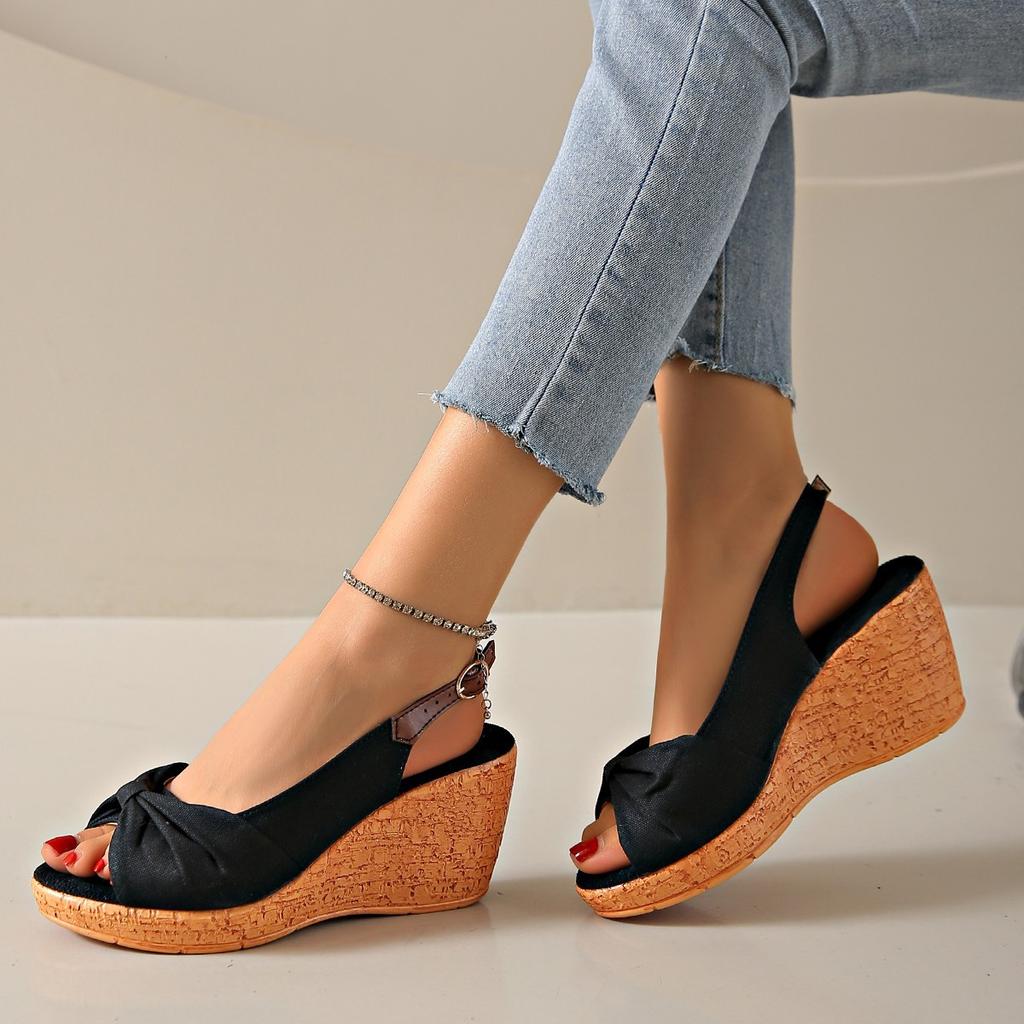 Summer New Wedge Heel Platform Sandals Solid Color Fish Mouth Suede Sweet Bow Sandals