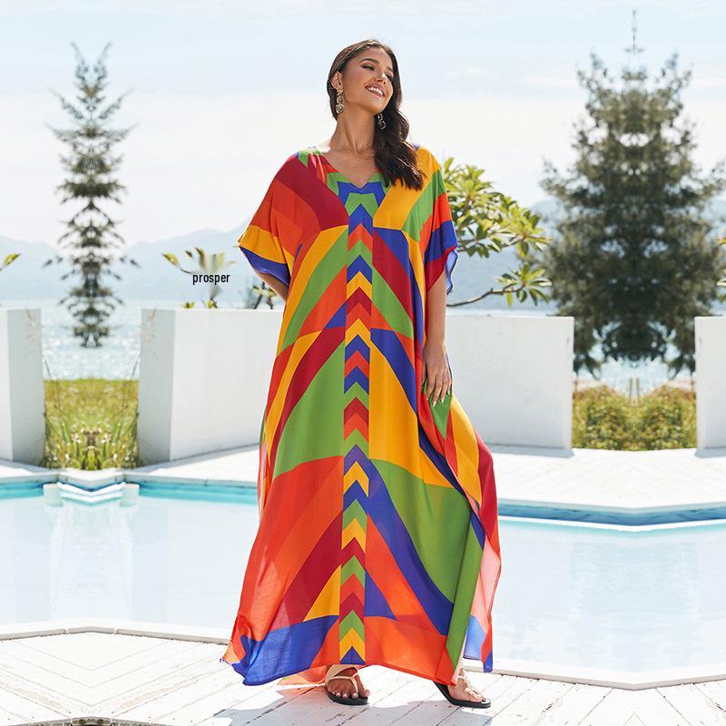 Luźny bawełniany szlafrok z nadrukiem w dużym rozmiarze - okrycie na wakacje na plaży dla kobiet