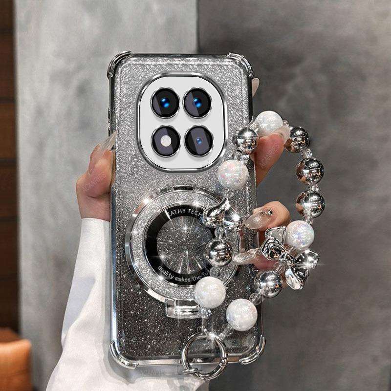 Glitter Magnetic Holder Bracket Phone Case For Xiaomi Redmi Note 14 15 Pro Plus 15 15C 14C 14S 4G 5G Bow Bracelet Silicone Cover