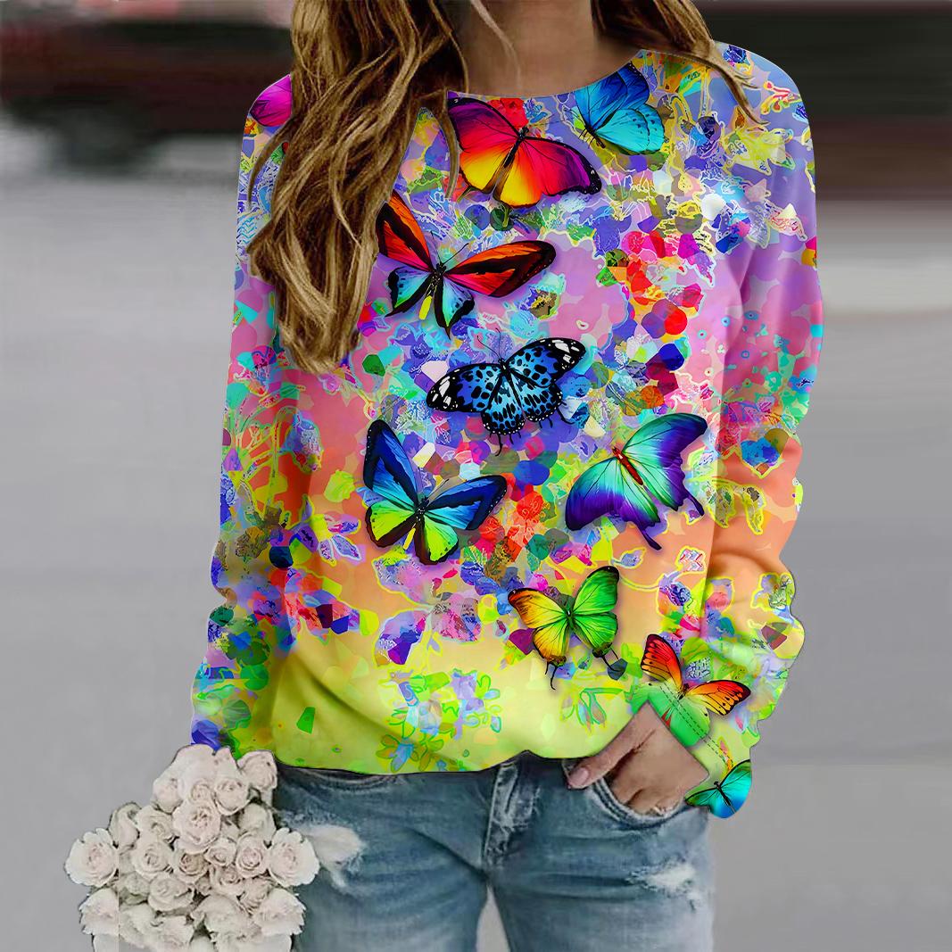 

Осенняя женская мода с круглым вырезом и длинным рукавом, свободная одежда, принт с изображением бабочки и лампочки, футболка для девочек, уличная одежда 8XL розовый