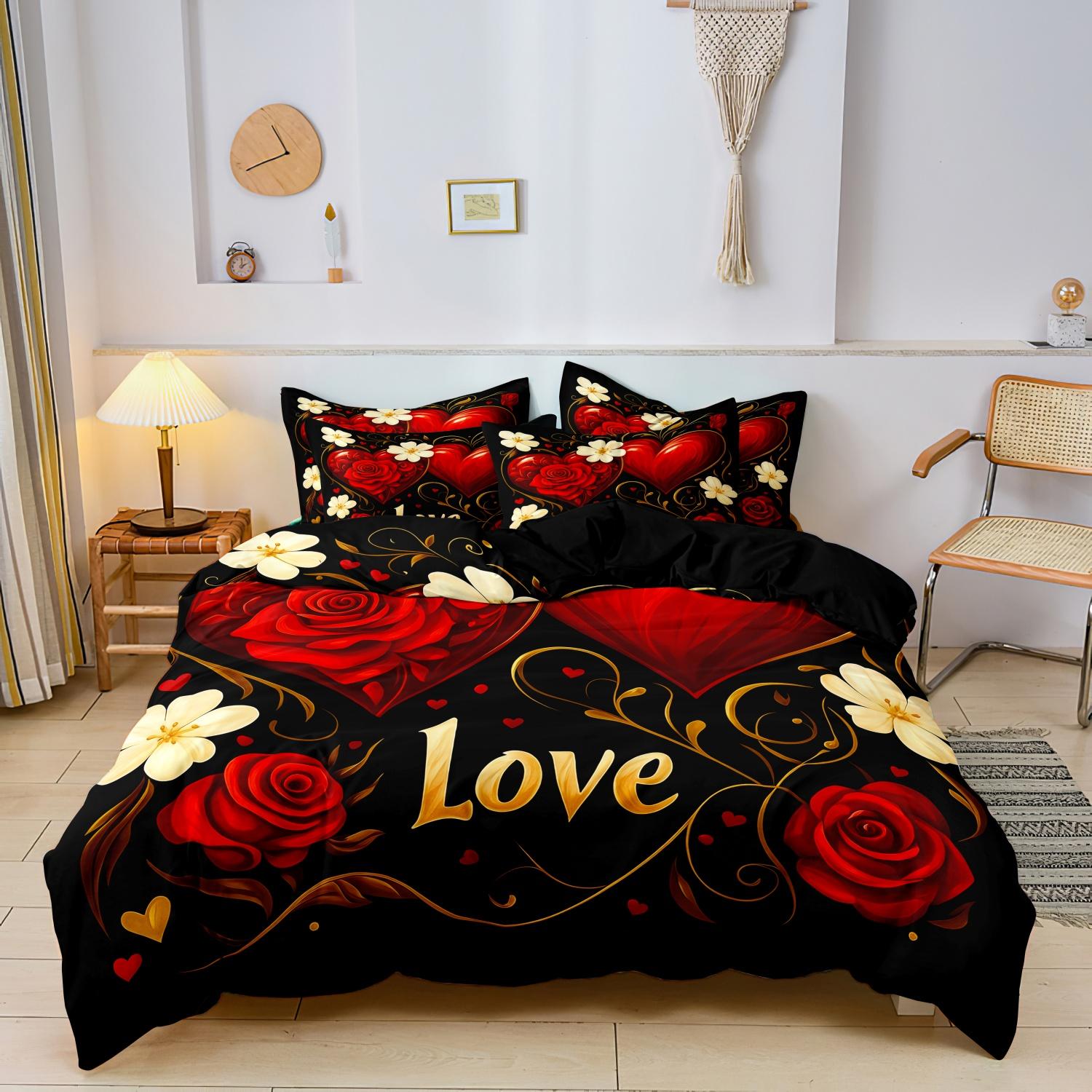 3pcs Set  Romantic Deep Red Rose Love Heart Rose Letter Design Theme Pattern Duvet Cover Set Can Be Used As Holiday Gifts -135x200cm&set