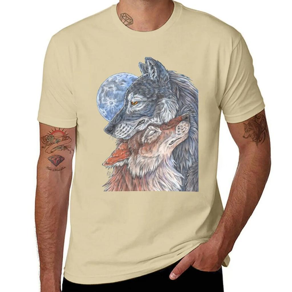 Two Wolves Under Full Moon, No Background T-Shirt Summer Top Heavyweights Mens Graphic T-shirts Hip Hop