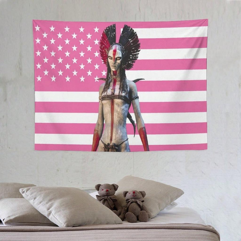1Pc Pink American Flag Demon Tapestry, Edgy Meme Wall Hanging, Cool Room Stuff, Large Size, Polyester 2D Print, Bedroom Stuff, A