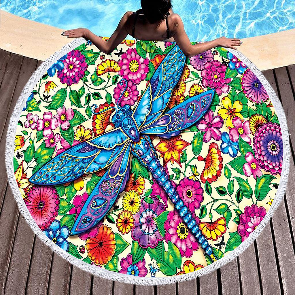 Dragonfly Round Beach Towel,Absorbent Quick Dry Sand Free Lightweight Travel Bath Towels,Round Throw Blanket for Swim Pool Gym