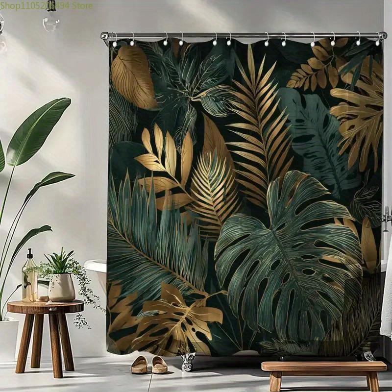 1pc Golden Green Leaf Bathroom Shower Curtain, Tropical Style, Modern Fashion Shower Curtain, Includes 12 Hooks, 180*180cm Bat