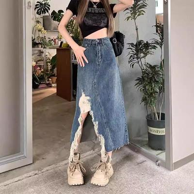 Plus Size High Waist Ripped Denim Midi Skirt - Summer Slimming A-line with Irregular Slit