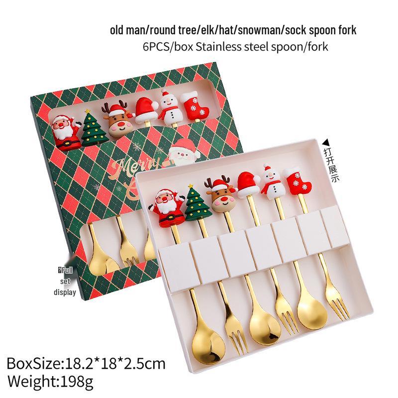 Christmas Cartoon Cutlery Set: Forks, Spoons, and Gift Box Featuring Cute Reindeer and Tree Designs.