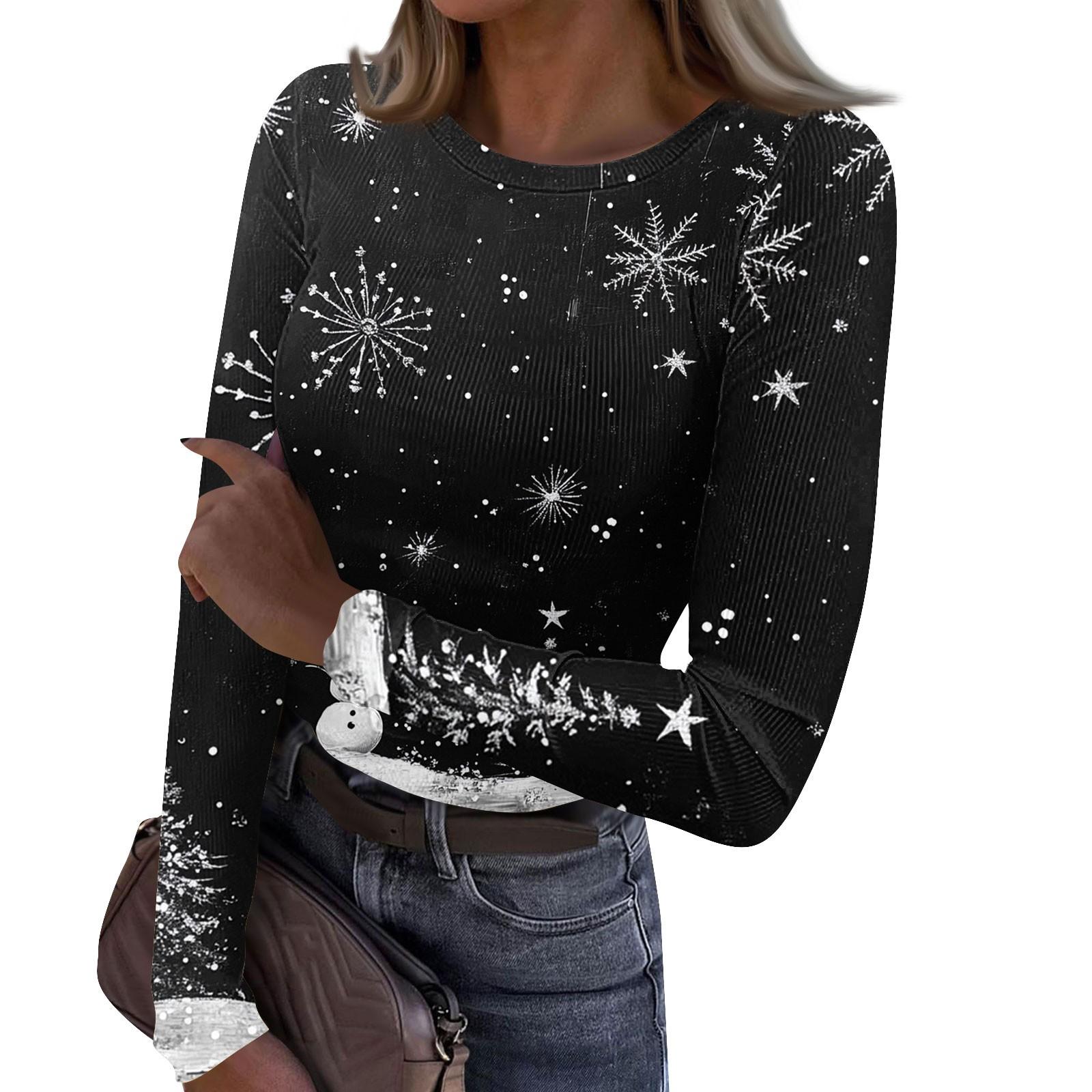 

Женская и зимняя футболка с тонким низом, модная повседневная футболка с рождественским принтом и круглым вырезом, длинный рукав XXL чёрный