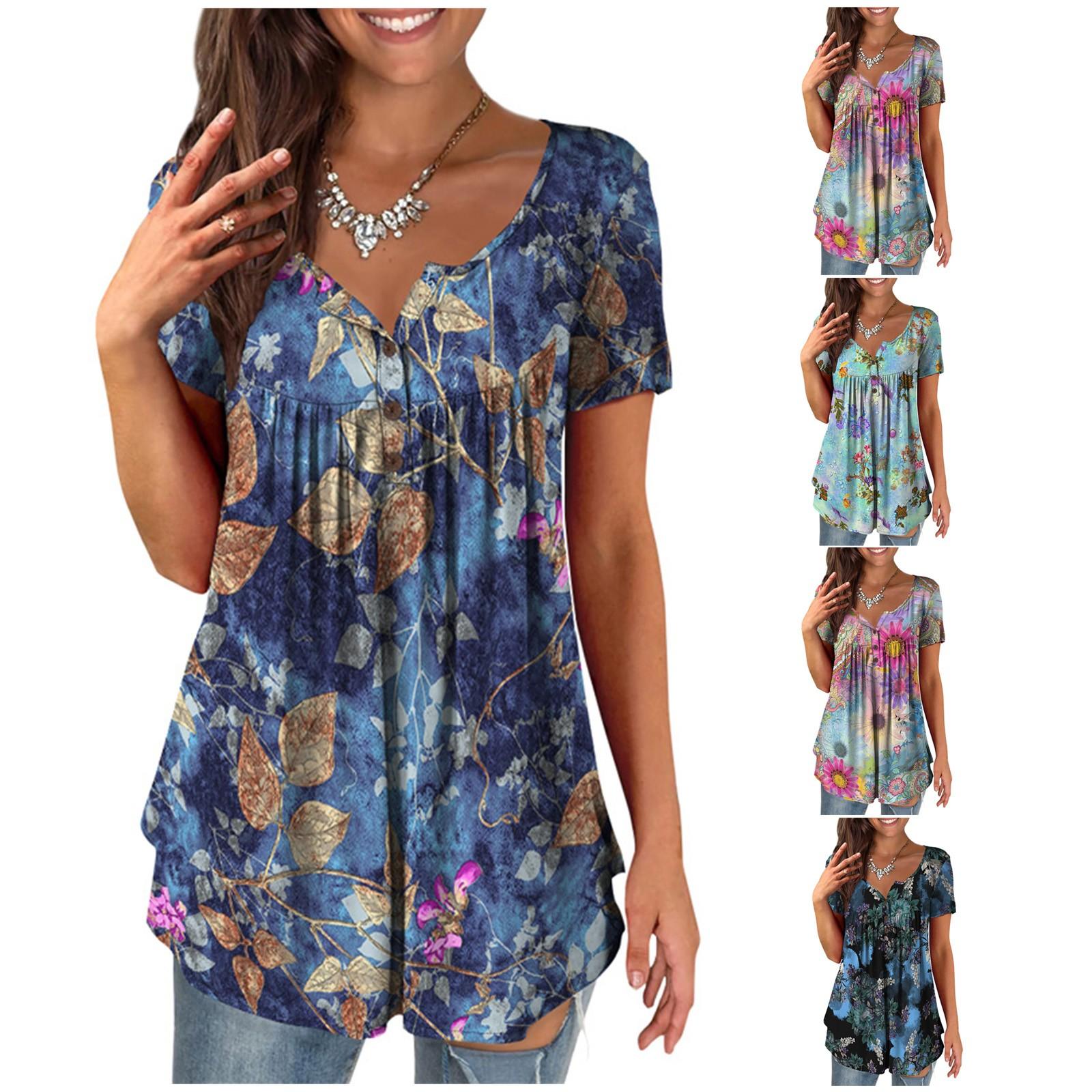 

(Куниде) Женская туника с коротким рукавом, свободные топы, повседневные топы больших размеров, плиссированная туника на пуговицах, повседневные летние топы с цветочным принтом для женщин