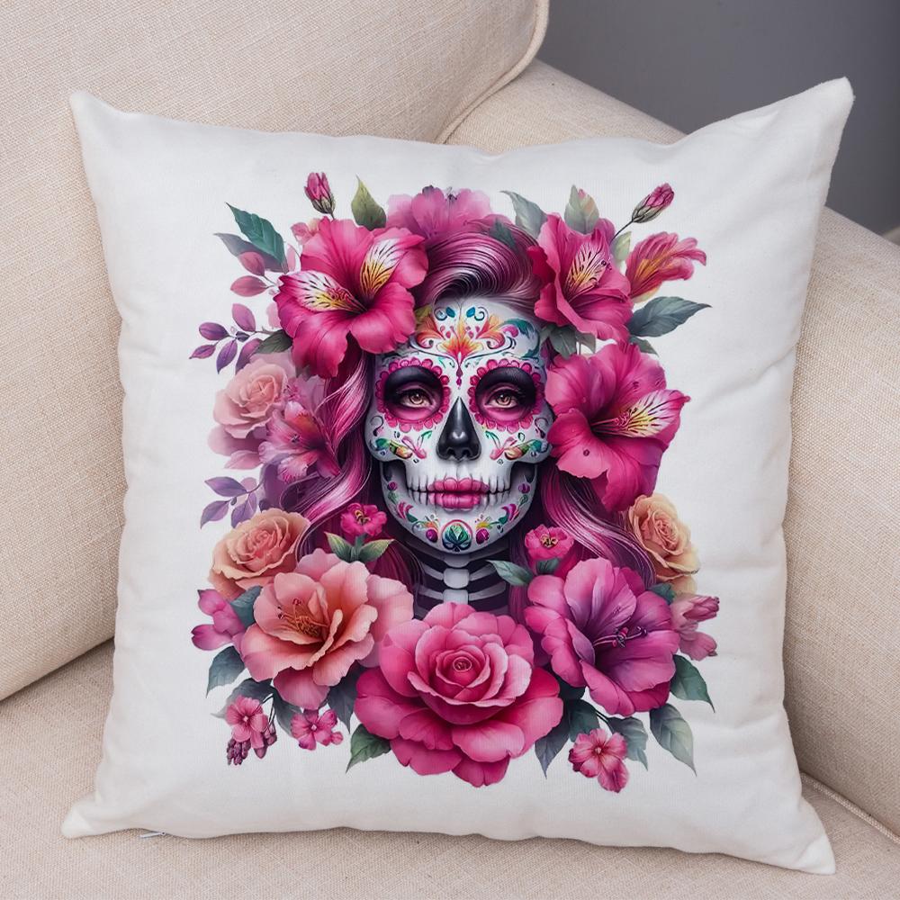 Vibrant Dahlia Sugar Skull Pillowcase Double Print Red Rose Skull Cushion Cover Soft Plush Pastel Floral Skull Pillowe Case 40X40cm