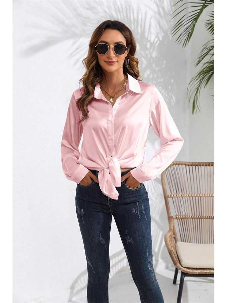 European & American Women's Long Sleeve Satin-Cotton Shirt - Solid Color, Spring & Autumn Bestseller