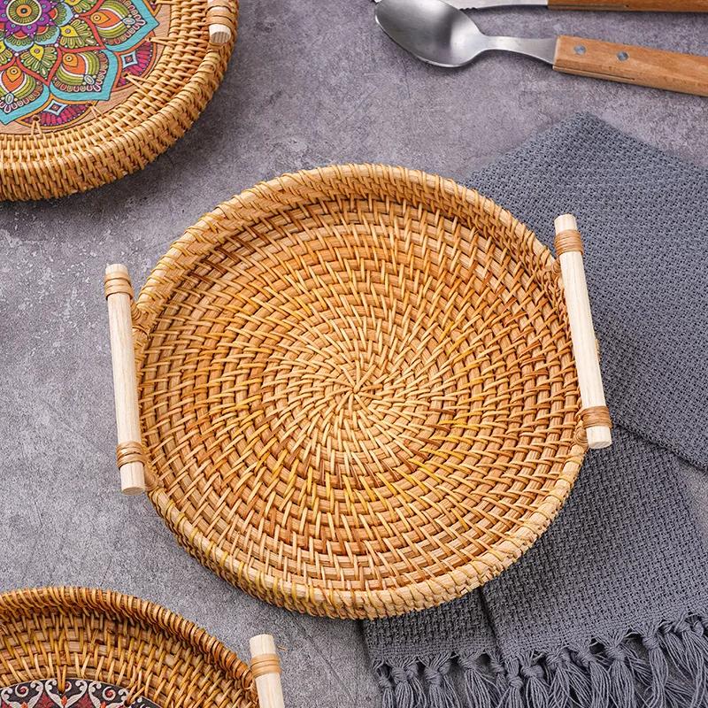 1PC Woven Rattan Storage Basket with Strap Handle round Tray for Bread Snacks Fruits Picnic - Home Organization Basket
