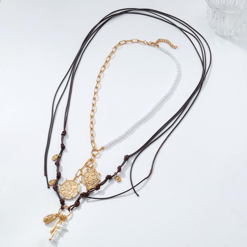 Handmade Multi-Layer Pendant Necklace With Imitation Pearl Beads Geometric Design Gold Tone Zinc Alloy Boho Chic