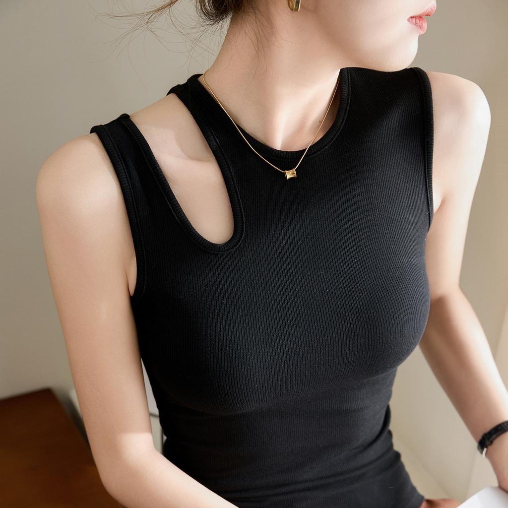 Women's Summer High Elastic Threaded Cotton Tight Senior Design Cut-out T-shirt