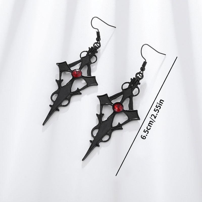 Gothic Punk Earrings Steampunk Black Cross Metal Red Rhinestone Ear Pendant for Women Girl