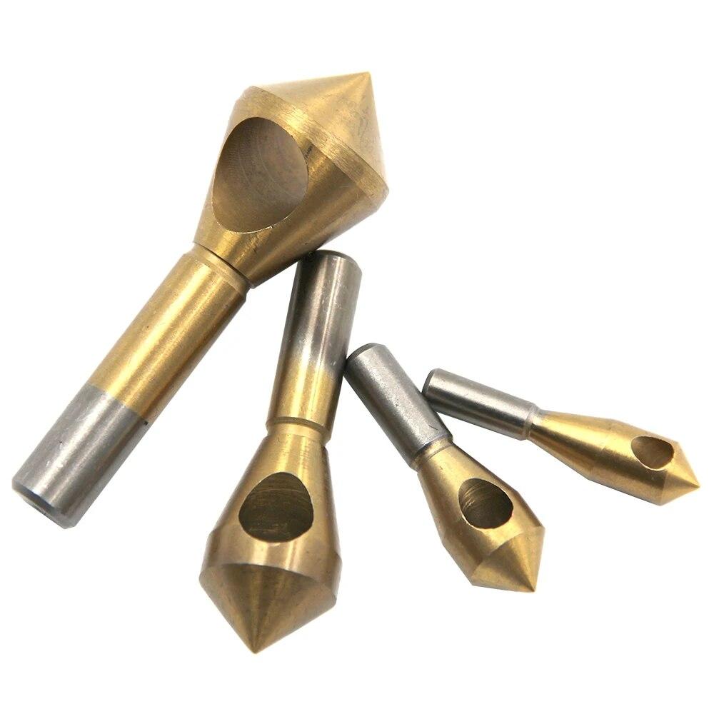 4pc High-speed Steel Titanium Plated Oblique Hole Chamferer Internal Chip Removal Chamfering Deburring and Spot Facer Set