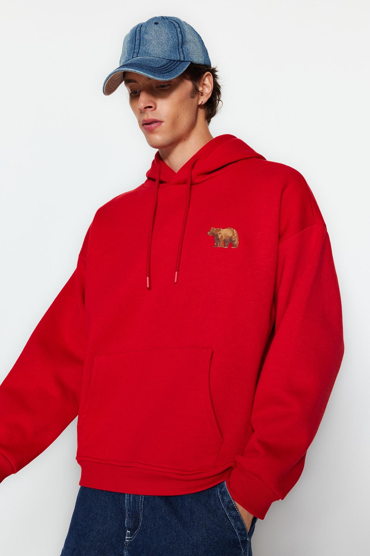 

Мужская красная толстовка оверсайз с вышивкой животных и хлопковая толстовка с мягкой подушкой внутри...