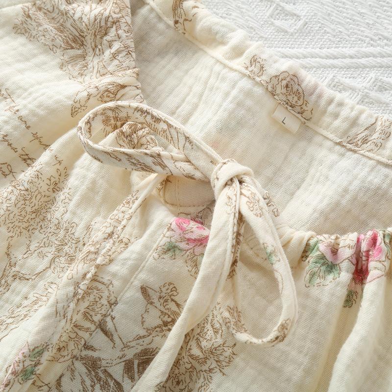 Frühling und Sommer Neues Damen-Pyjama-Set aus 100 % Baumwollkrepp, lange Ärmel + Hosenträger + Hose, dreiteiliger Spitzenanzug für Damen