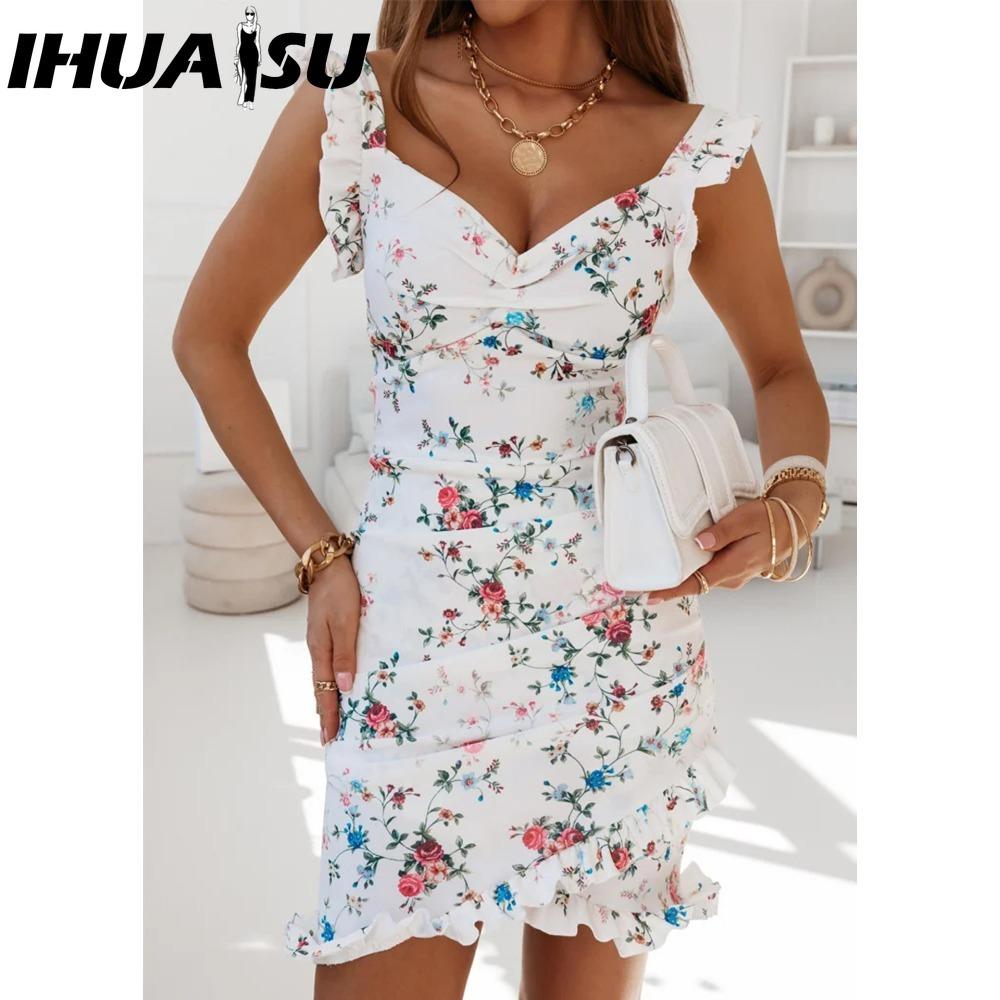 

IHUASU Летнее женское платье-бодикон с цветочным принтом и рукавами-бабочками, с оборками, V-образным вырезом и бандажной завязкой, повседневное короткое сарафанное платье, женское пляжное мини-платье на тонких бретельках-спагетти XXL
