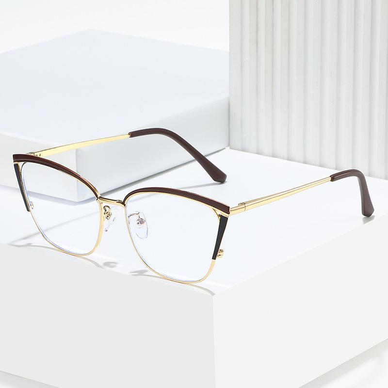 Trendy Glasses Frame Two-Color Flat Glasses Women'S Metal Anti-Blue Cat Glasses Frame Can Be Equipped With Myopia Glasses