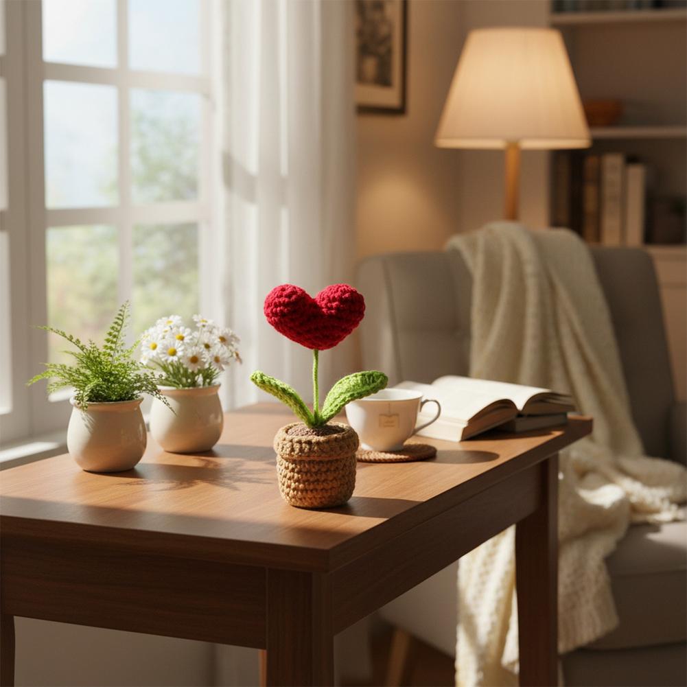 1pcs Crocheted Potted Plant Artificial Flower Heart Decor Knitted Mini Flower Desktop Home Decoration Creative Gift Ornament