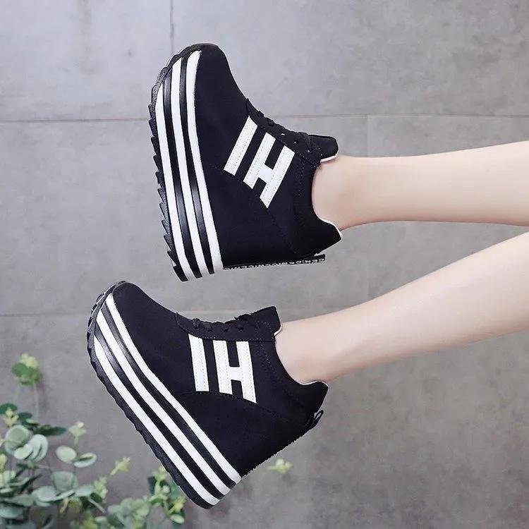 Dámské módní tenisky, módní dámské boty na platformě, zvyšující výšku 10 cm, prodyšné šněrovací klínky, tenisky, plátěné boty na volný čas