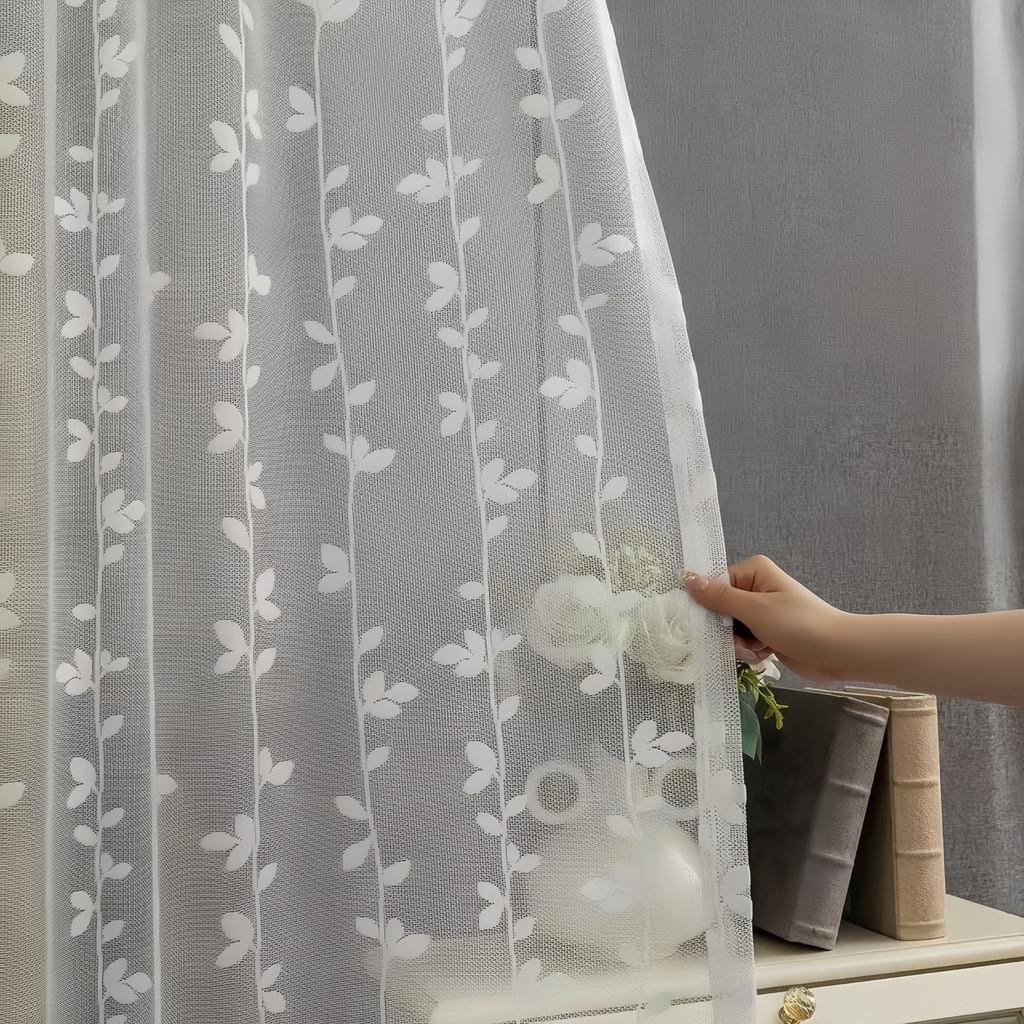 1pc Korean Dreamy Embossed Leaf Pattern Bedroom Light Filtering Curtain, Modern Minimalist Living Room Balcony Window Divi