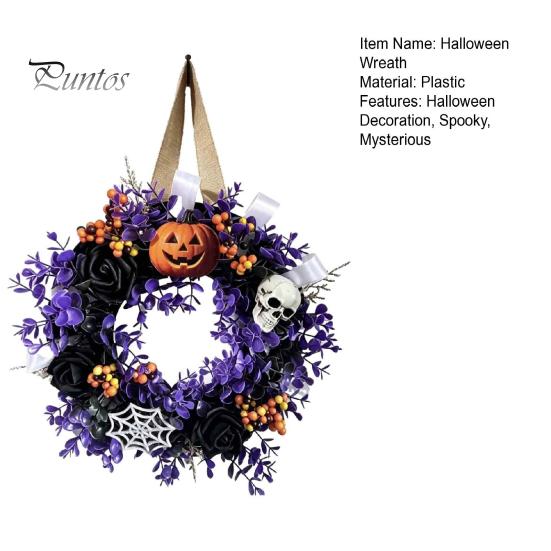 Halloween Window Decoration Wreaths for Front Door, Skull Pumpkin Wreath with Berries, Black Spooky Bat Cabin Party Props Roses, Purple Leaves Doors,