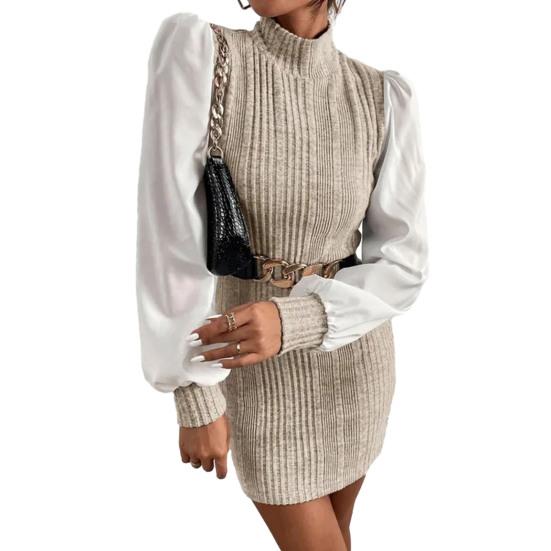 

Женское платье Slim Fit в стиле пэчворк с высоким воротником в рубчик и длинными рукавами контрастного цвета, облегающее мини-платье с узкой талией выше колена M бежевый