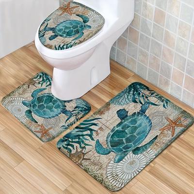 3pc,  Soft and Non-Slip Turtle Bathroom Rug Set - Includes Absorbent Bath Mat and U-Shaped Contour Rug - Perfect for Bathroom and Shower - Machine