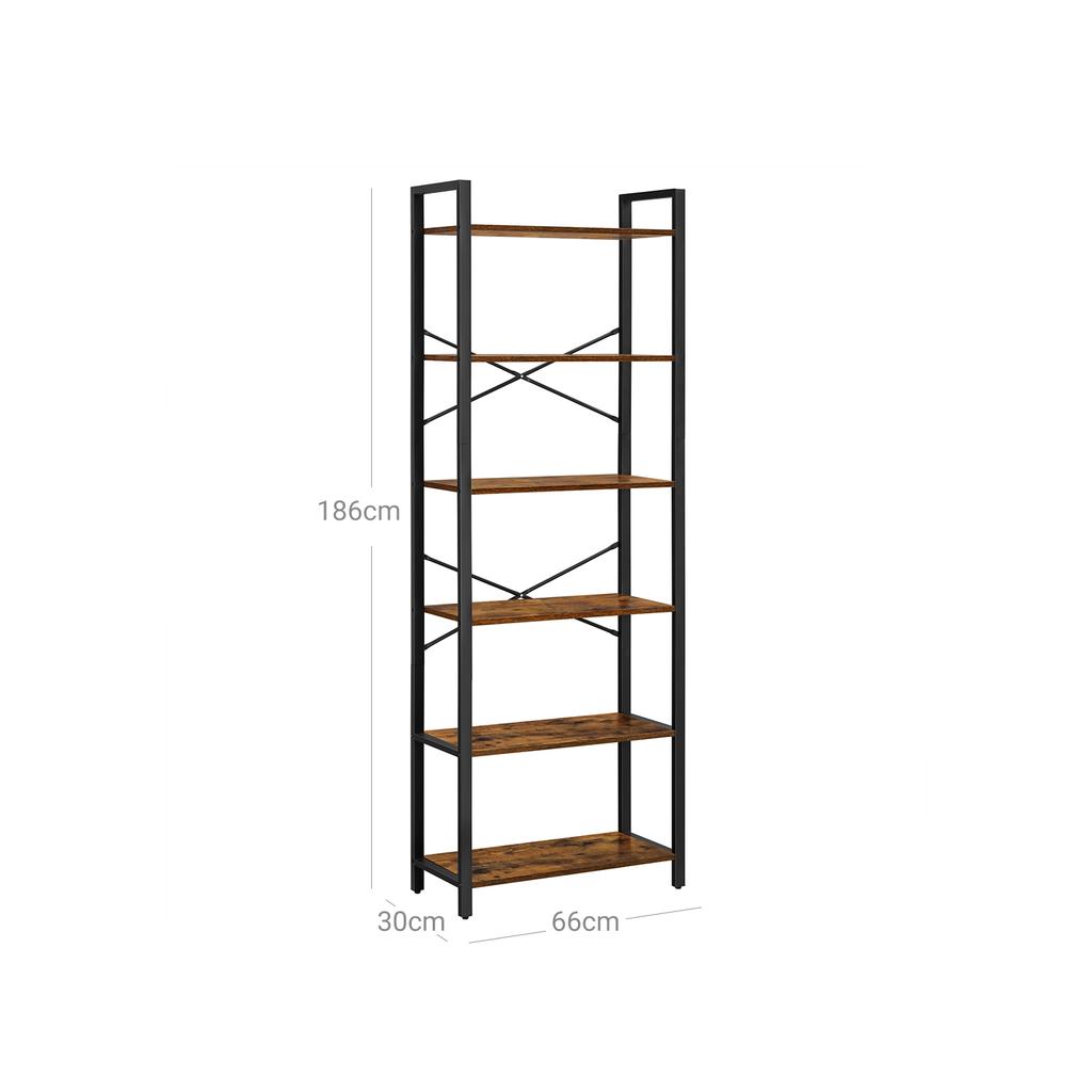 VASAGLE Bookshelf, 6-Tier Shelving Unit with Steel Frame, Tall Rustic Shelves for Living Room, Office, Study, Hallway, Industrial Style