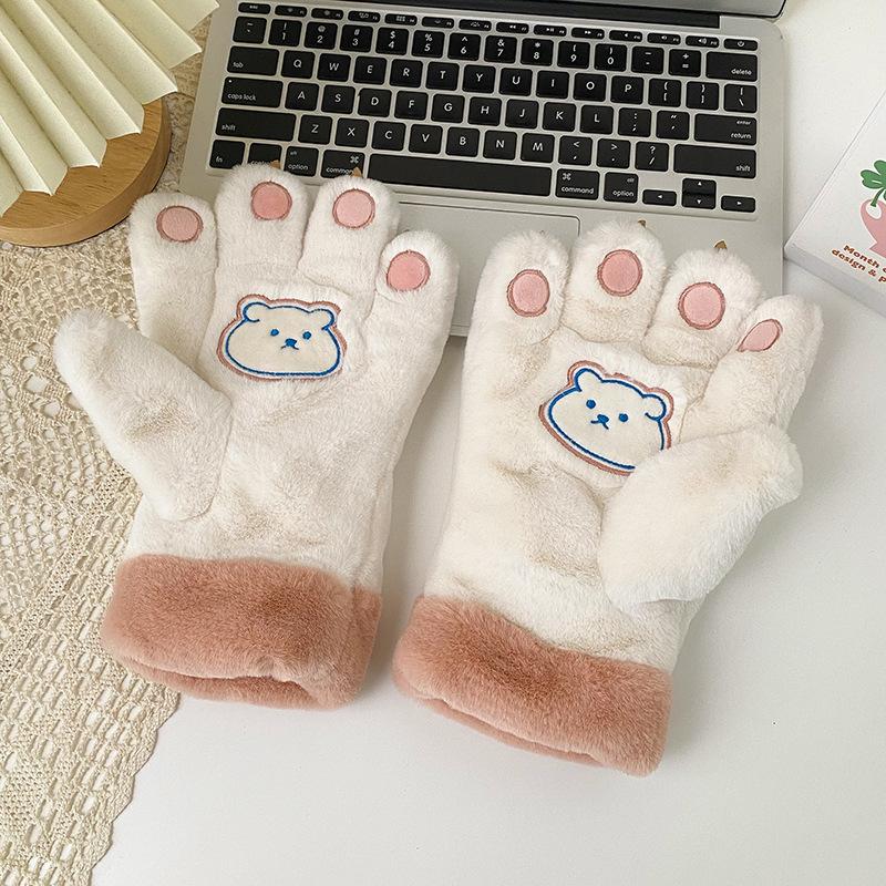 Little Bear Paw Fluffy Gloves Winter Girls To Keep Warm Fleece and Thickened Bear Paws Outdoor Bicycling Cute Cartoon Gloves New