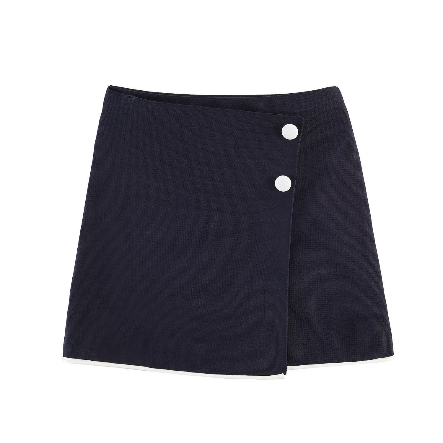 European and American style new women s clothing: button-embellished knit top with color-blocked A-line knit short skirt S