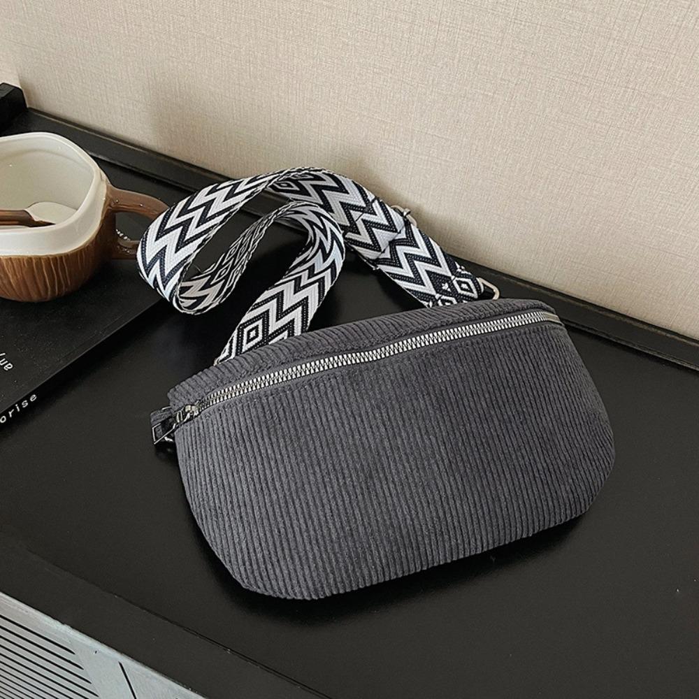 Fashion Corduroy Waist Bag Multi-pockets Zipper Crossbody Bags Wide Guitar Strap Shoulder Bags Outdoor