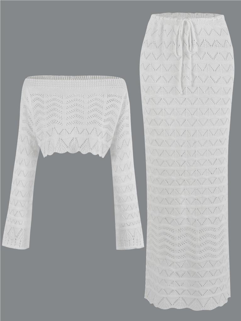 Sexy Knit One-neck Long Sleeve Short Top Drawstring Half Skirt Beach Two-piece 2025 Women Summer Swimsuit Cover Up Chic Set K172
