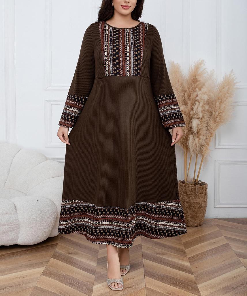 Plus Size Brown Ethnic Style Round Neck Long Sleeve Knit Dress for Women, Spring & Autumn