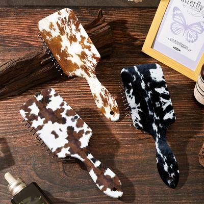 1 ks hřeben s vzduchovým polštářkem a potiskem kravské kůže pro dívky - Velký kartáč proti zacuchávání vlasů s vzorem kravských skvrn podobným kůži, nylonové štětiny a vzduchový polštářek