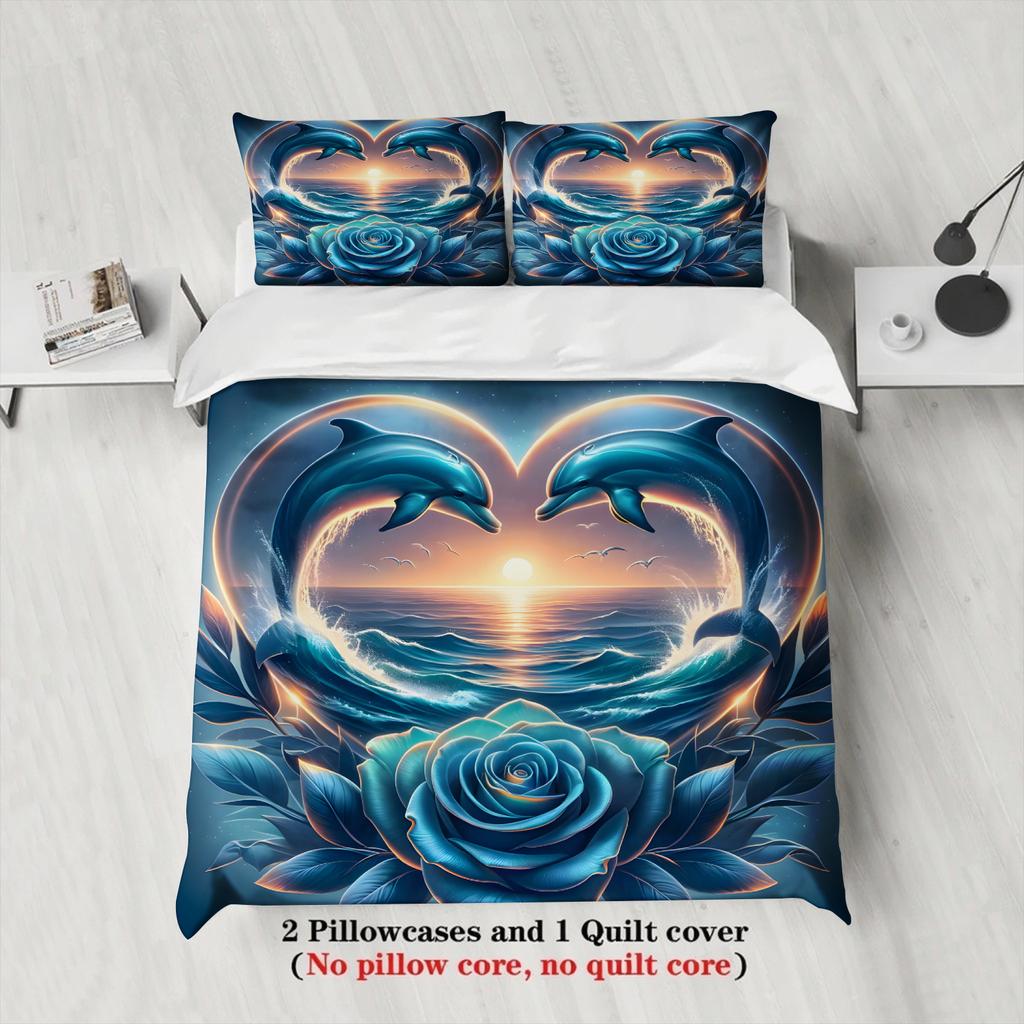 Dolphin Rose Bedding Set Blue Ocean Sunset Heart Pattern Bedding With Duvet Cover And Pillowcases For Bedroom