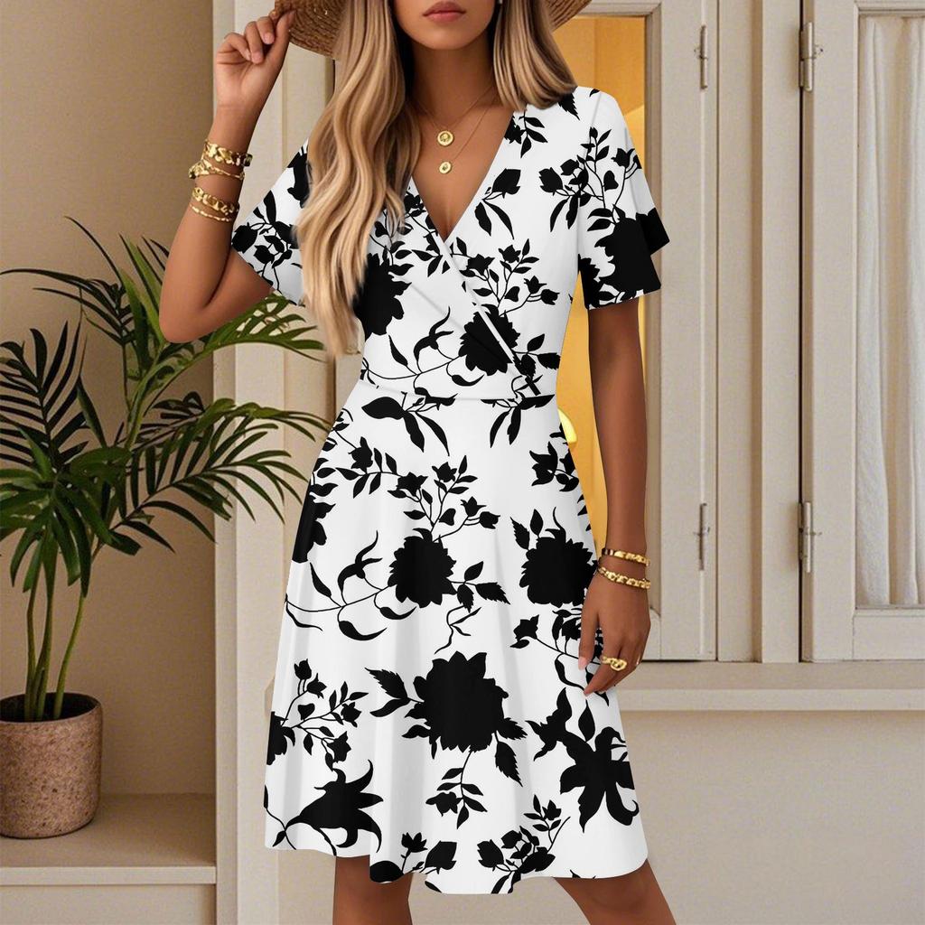Women's Casual Fashion Dress Vintage Floral Floral Short Sleeve V-neck Dress