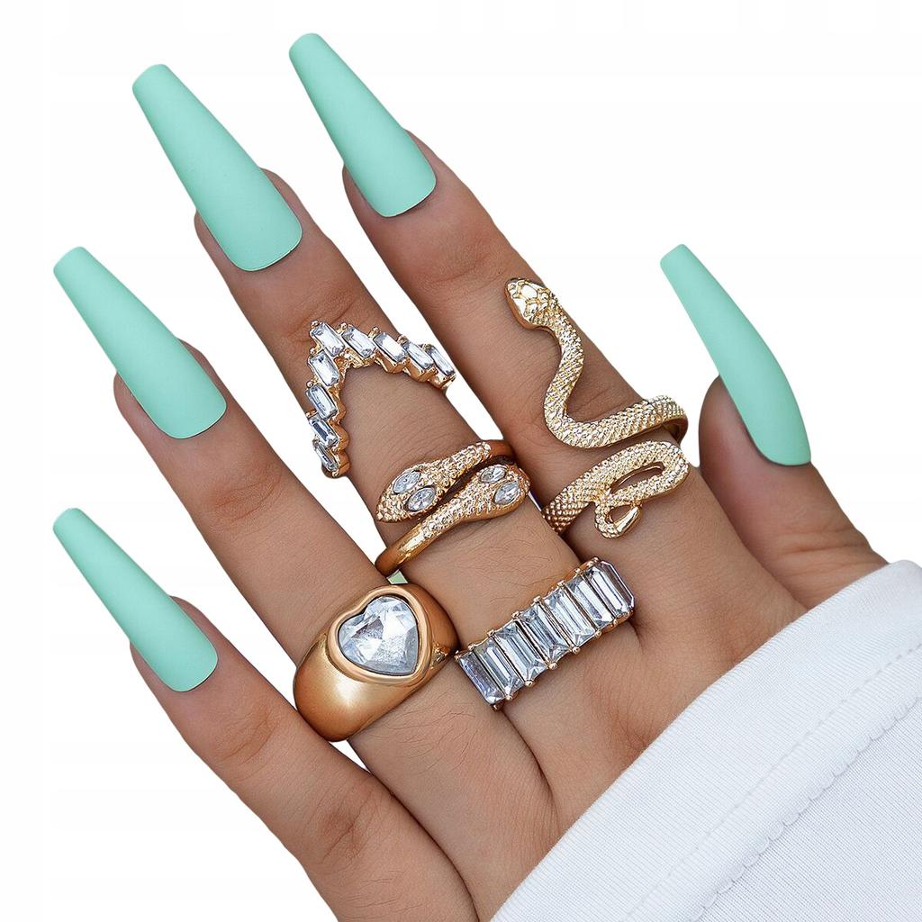Set Of 5 Gold Rings Retro Punk Vintage Snake Heart White