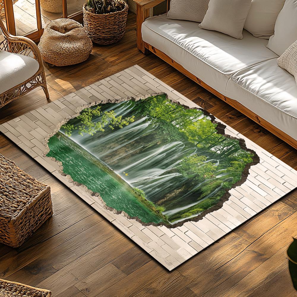 Forest Waterfall Landscape Rug, Green Nature Themed Carpet for Living Room, Plush Non-Slip Sofa Mat with Stone Border Design