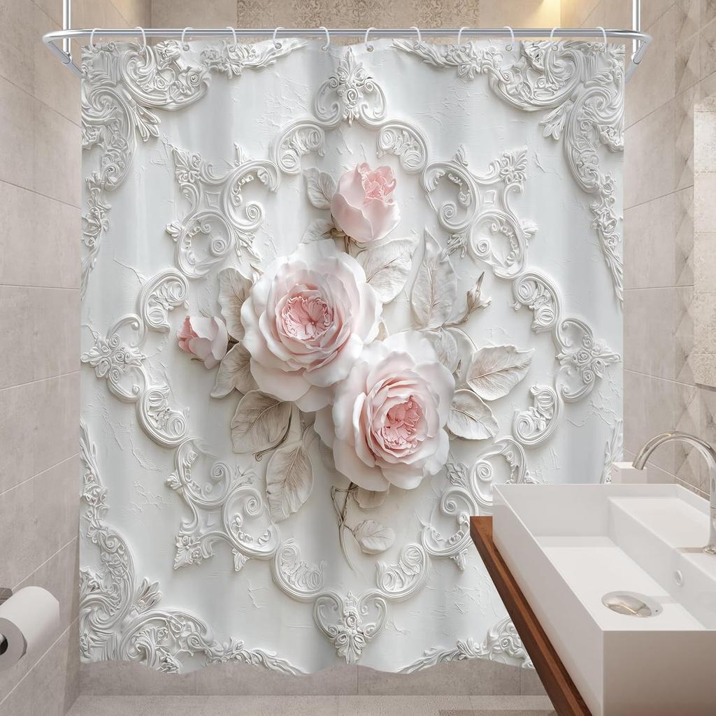 Roze Roos Bloemen Douchegordijn Romantisch Vintage Bloemen Uniek Wit Reliëf Beeldhouwwerk Retro Bladeren Plant Botanisch Badkamer