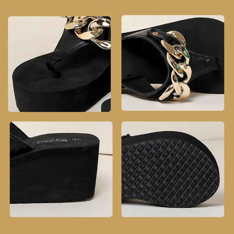 High Heeled Herringbone Slippers Fashion Thick Bottom Slope Heel Pinch Foot Beach Slippers Women