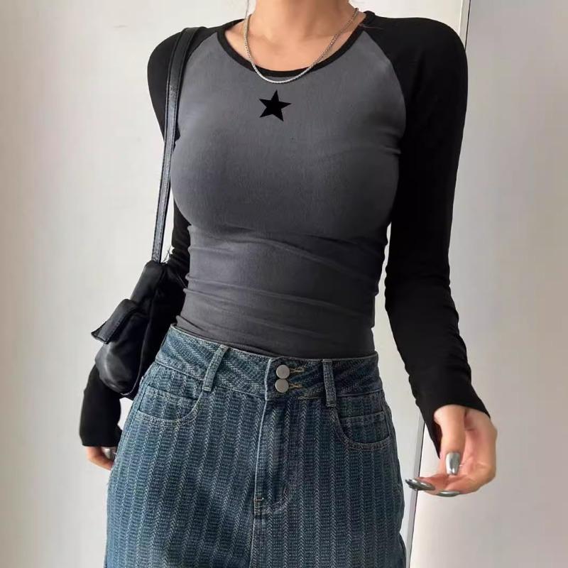 Frühling Herbst Rundhals Eng Langarm Top Spicy Girl T-Shirt Oberbekleidung Unterbekleidung Bedrucktes Shirt