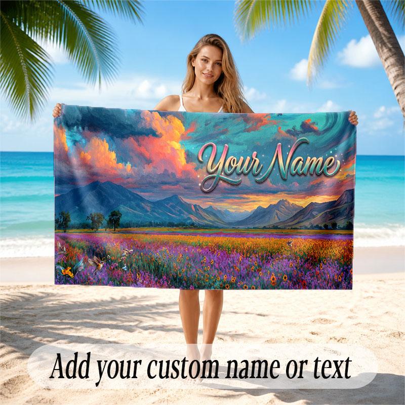 Floral Garden Theme Soft Beach Towel Personalized Custom Name Text Towel Portable for Beach Pool Travel