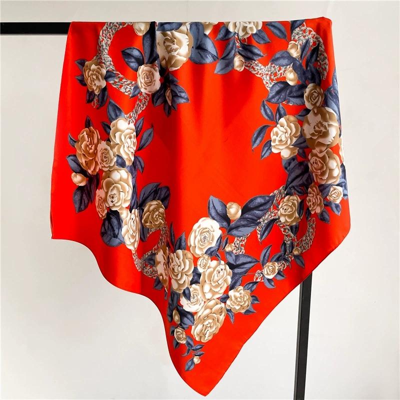 

Rose Flower Scarf Silk Satin Matte Fabric Soft and Elegant Wrap 90cm Square Headscarf for Women Shawls Bandana Lady Hijabs 90x90cm