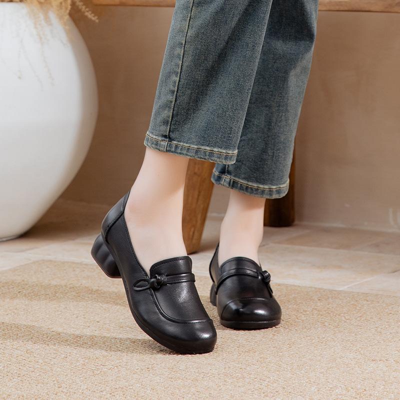 Spring New Leather Soft-soled Mother Shoes Retro Cowhide Ethnic Wind Non-slip Thick Heel Women's Single Shoes