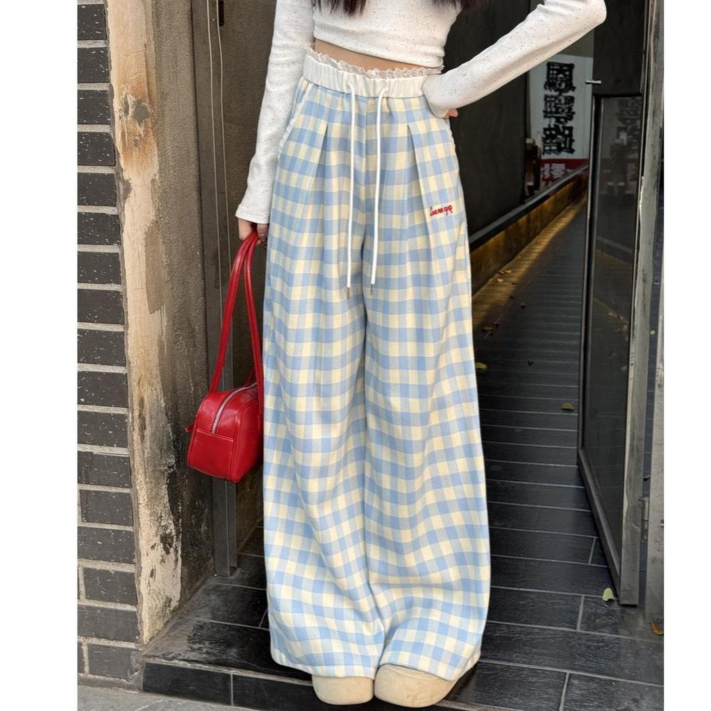 Dopamine Blue Women's High Waist Plaid Wide-Leg Trousers - Spring/Summer