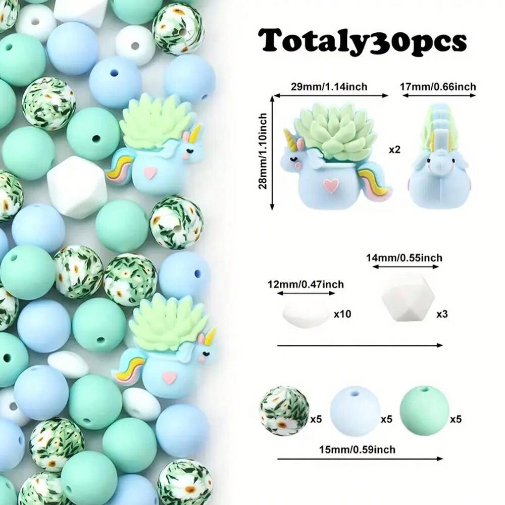 30PCS Silicone Bead Set - Cute Dinosaur, Plant & Flower Designs for DIY Jewelry, Keychains, Bracelets & Craft Pens