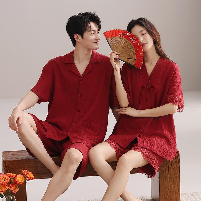 Red Cotton Couple Pajamas Wedding Set 1011 New Short-sleeved Woven Gauze Cotton Loungewear